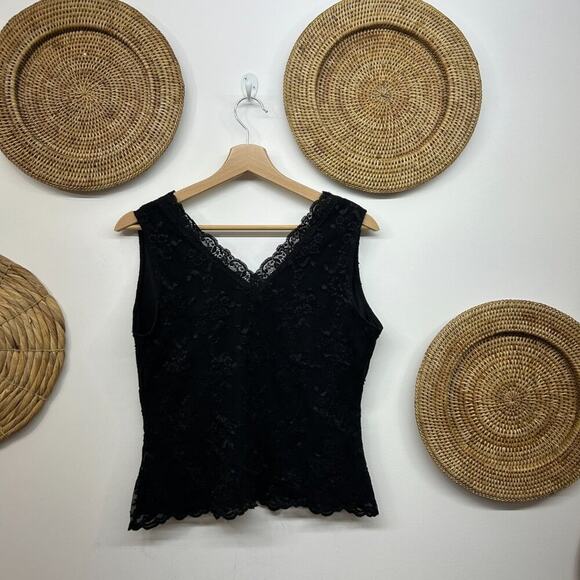 Vintage Y2K 2000s Worthington Black Lace Seamed Cropped Tank Top LP Large PETITE - Picture 3 of 6